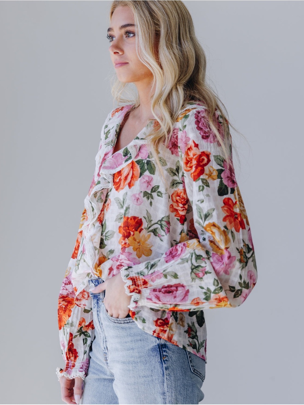 Show Me Your MuMu Lydia Ruffle V-Neck Blouse Ivory Hillside Floral 25628 - Picture 14 of 15